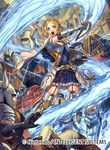  armor blonde_hair blue_eyes cape clenched_teeth commentary_request company_name copyright_name elbow_gloves faceless faceless_male fire fire_emblem fire_emblem_cipher fire_emblem_musou frilled_skirt frills garter_straps gauntlets gloves hair_ornament helmet holding holding_sword holding_weapon horned_helmet izuka_daisuke jewelry lian_(fire_emblem) multiple_boys official_art open_mouth outdoors shield skirt sword teeth thighhighs tiara weapon zettai_ryouiki 