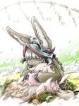  animal_ears bangs blunt_bangs closed_eyes closed_mouth colored_eyelashes commentary_request creature ears_through_headwear eyebrows_visible_through_hair flower furry helmet horned_helmet hug kneeling looking_at_another made_in_abyss mitty_(made_in_abyss) nanachi_(made_in_abyss) petals red_eyes stuffed_animal stuffed_bird stuffed_bunny stuffed_toy tatsuya-fxstc white_hair 