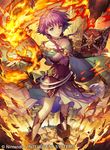  bangs book boots breasts collar collarbone commentary_request company_connection copyright_name dress elbow_gloves fire fire_emblem fire_emblem:_seima_no_kouseki fire_emblem_cipher full_body gloves holding holding_book jewelry long_hair looking_at_viewer lute_(fire_emblem) magic medium_breasts official_art open_book purple_dress purple_eyes purple_hair smile solo standing umiu_geso 