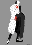  1boy absurdres adapted_costume cosplay covered_mouth cruella_de_vil cruella_de_vil_(cosplay) formal fur_coat gloves grey_background highres looking_away male_focus multicolored_hair offgyawa_0201 red_gloves simple_background solo suit twitter_username yoshizawa_ryou_(person) 