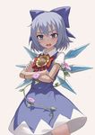  blue_bow blue_dress blue_eyes blue_hair blue_wings bow bowtie cirno crossed_arms dress eyebrows fkey flower grey_background hair_bow hidden_star_in_four_seasons highres ice ice_wings looking_at_viewer morning_glory red_neckwear short_dress short_sleeves simple_background solo sunflower tanned_cirno touhou wing_collar wings 