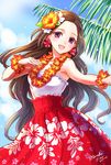  2017 artist_name brown_hair cloud dancer dancing dated day earrings floral_print flower hibiscus hibiscus_print hula jewelry lei long_hair minaki_emi original palm_tree plumeria purple_eyes sky smile tree wavy_hair 