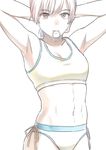  armpits arms_up artist_name blush brown_eyes bunching_hair closed_mouth hair_tie hair_tie_in_mouth highres monochrome mouth_hold navel protagonist_(tokimemo_gs3) sketch solo sports_bra spot_color teiraman tokimeki_memorial tokimeki_memorial_girl's_side tokimeki_memorial_girl's_side_3rd_story white_background 