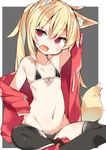  :d abarabone absurdres animal_ears arm_up armpits bangs bare_shoulders bikini black_bikini black_legwear blonde_hair cardigan collarbone drawstring eyebrows_visible_through_hair fang flat_chest fox_ears fox_tail front-tie_bikini front-tie_top full_body grey_background groin hair_between_eyes halter_top halterneck head_tilt highres indian_style long_hair looking_at_viewer lowleg lowleg_bikini micro_bikini navel off_shoulder open_cardigan open_clothes open_mouth original red_eyes red_footwear side-tie_bikini sitting sleeves_past_wrists smile solo stomach swimsuit tail thighhighs tsurime 