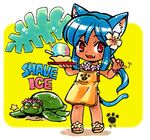  animal animal_ears apron blue_hair bracelet cat_ears cat_tail commentary_request dessert english fern flip-flops flower food hair_flower hair_ornament hibiscus holding holding_tray jewelry lei original paw_print ponytail red_eyes sandals shaka_sign shaved_ice smile star tail tamami_masa tan tray tropical turtle yellow_background 
