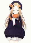  abigail_williams_(fate/grand_order) black_bow black_dress black_hat blonde_hair bloomers bow closed_mouth dress fate/grand_order fate_(series) frilled_dress frilled_sleeves frills grey_eyes hair_bow hat long_hair long_sleeves looking_at_viewer lpip orange_bow polka_dot polka_dot_bow simple_background solo stuffed_animal stuffed_toy teddy_bear top_hat underwear white_background 