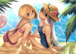  2girls akizone bikini blonde_hair blue_eyes glasses green_eyes hat original pool summer swimsuit water wet 