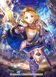  armor blonde_hair blue_eyes cape commentary_request company_connection copyright_name elbow_gloves faceless faceless_male fire_emblem fire_emblem_cipher fire_emblem_musou frilled_skirt frills fuji_choko garter_straps gauntlets gloves hair_ornament helmet holding holding_sword holding_weapon horned_helmet leg_up lian_(fire_emblem) multiple_boys official_art outdoors sheath shield short_hair short_sleeves skirt sword thighhighs tiara weapon 