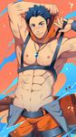  1boy abs armpits arms_up blue_eyes blue_hair blush dirty_clothes dirty_face looking_at_viewer male_focus mazjojo muscle nipples pecs presenting simple_background smile spiked_hair undressing 