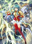  animal aqua_eyes aqua_hair armor bangs boots bracelet breastplate cape commentary_request company_name copyright_name earrings eirika elbow_gloves fingerless_gloves fire_emblem fire_emblem:_seima_no_kouseki fire_emblem_cipher gloves holding holding_sword holding_weapon horse indoors jewelry lightning long_hair looking_at_viewer official_art open_mouth sidelocks skirt solo sword thigh_boots thighhighs weapon white_skirt yamada_koutarou zettai_ryouiki 