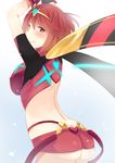  1girl ahoge artist_request ass blush breasts butt_crack circlet fingerless_gloves gloves homura_(xenoblade_2) large_breasts looking_at_viewer red_eyes red_hair scarf short_hair short_shorts shorts sideboob smile snow solo xeno_(series) xenoblade xenoblade_2 