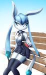  2017 anthro bench blue_hair blue_sclera clothed clothing digital_media_(artwork) eeveelution female food fully_clothed glaceon hair leggings legwear looking_aside mammal nintendo outside pocky pok&eacute;mon pok&eacute;mon_(species) pok&eacute;morph rilex_lenov short simple_background sitting skirt snow solo video_games white_eyes 