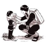  adjusting_scarf backpack bag boruto:_naruto_next_generations bowl_cut child chinese_clothes closed_eyes crying dressing_another father_and_son greyscale hoshi_(tethukun) leg_warmers male_focus metal_lee monochrome multiple_boys naruto naruto_(series) rock_lee sandals scarf squatting toy younger 