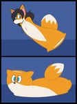  2015 amputee animate_inanimate anthro armless black_hair blue_eyes blush canine fox fur hair inanimate_transformation jasentamiia male mammal orange_fur pillow solo transformation white_fur 