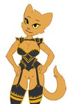  2017 anthro armor bottomless breasts cleavage clothed clothing corset feline female fur garter_straps hands_on_hips katia_managan khajiit legwear lingerie looking_at_viewer mammal necrolepsy pose prequel pussy simple_background solo standing the_elder_scrolls thigh_highs video_games white_background yellow_fur yellow_sclera 