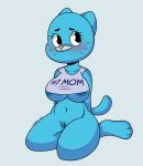  anthro big_breasts blue_fur blush breasts cartoon_network clothed clothing coffee-pup crop_top domestic_cat english_text felid feline felis female fur grey_background mammal mature_female navel nicole_watterson partially_clothed pussy shirt simple_background sitting solo text the_amazing_world_of_gumball under_boob voluptuous wide_hips 