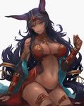  absurdres animal_ears aqua_eyes breasts bridal_gauntlets cleavage commentary_request dark_skin fate/grand_order fate_(series) highres jewelry kouzuki_kei large_breasts long_hair looking_at_viewer navel necklace panties purple_hair queen_of_sheba_(fate/grand_order) simple_background sketch smile solo underwear white_background 