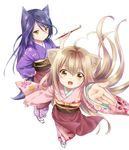  :d ahoge amano_sakuya animal_ears black_hair blonde_hair brown_eyes fangs fox_ears japanese_clothes kimono konohana_kitan long_hair looking_at_viewer multiple_girls official_art open_mouth satsuki_(konohana_kitan) simple_background smile yellow_eyes yuzu_(konohana_kitan) 