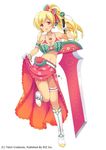  belt blonde_hair blush boots bow brown_eyes earrings floral_print food fruit gloves hair_ornament holding jewelry kaiware-san lace necklace ponytail sarong sarong_lift skirt skirt_lift smile suika_(vegimagi) vegimagi watermelon 