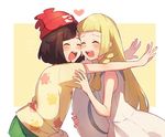  :d ^_^ ^o^ bangs beanie black_hair blonde_hair blush braid closed_eyes dress floral_print green_shorts hat hat_removed headwear_removed heart holding holding_hat lillie_(pokemon) long_hair mizuki_(pokemon) multiple_girls open_mouth outstretched_arms pokemon pokemon_(game) pokemon_sm print_shirt red_hat shirt short_hair short_sleeves shorts simple_background sleeveless sleeveless_dress sleeveless_shirt smile straight_hair sun_hat swept_bangs twin_braids two-tone_background unapoppo white_dress white_hat yellow_shirt yuri 