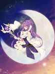  aether_sage_(elsword) aisha_(elsword) blanket_(kkbjah) book crescent_moon dress elsword from_side gloves half_updo highres holding holding_staff layered_dress long_hair moon off_shoulder profile purple_dress purple_eyes purple_hair sitting skirt sky smile solo staff star_(sky) starry_sky thighhighs white_coat white_gloves white_legwear white_skirt zettai_ryouiki 