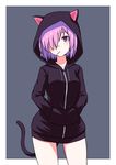  alternate_costume animal_ears blush cat_ears cat_tail cowboy_shot drawstring fate/grand_order fate_(series) grey_background hair_over_one_eye hands_in_pocket head_tilt highres hood hood_up hoodie kemonomimi_mode legs_apart long_sleeves looking_at_viewer mash_kyrielight mouth_hold no_pants pink_hair profnote purple_eyes shiny shiny_hair short_hair simple_background solo standing tail thighs 