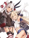 ;d amatsukaze_(kantai_collection) arm_up armpits ass black_panties blonde_hair blush breasts brown_eyes crop_top dress elbow_gloves fang garter_straps gloves grey_eyes hairband hat highleg highleg_panties highres kantai_collection long_hair microskirt midriff mini_hat multiple_girls navel one_eye_closed open_mouth panties pleated_skirt rigging shimakaze_(kantai_collection) short_dress side-tie_panties silver_hair simple_background skirt small_breasts smile string_panties takanashi_kei_(hitsujikan) thighhighs two_side_up underwear white_background white_gloves 