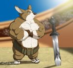  2017 anthro arena canine corgi dog gladiator mammal melee_weapon muscular sand solo sword weapon xxsparcoxx 