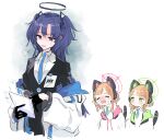  3girls bangs black_gloves black_suit blue_archive blue_necktie blush cat_ear_headphones cat_tail closed_eyes collared_shirt crying gloves green_eyes hair_between_eyes half_gloves halo headphones highres holding id_card jacket looking_at_another looking_down medium_hair midori_(blue_archive) momoi_(blue_archive) multiple_girls nasu_bacon necktie no_mouth off_shoulder open_mouth orange_hair own_hands_together parted_bangs parted_lips purple_eyes purple_hair red_pupils shirt siblings tail tears twins twintails upper_body wavy_mouth white_jacket white_shirt yuuka_(blue_archive) 