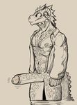  anthro argonian big_penis clothed clothing daftpatriot erection eunuch horn huge_penis humanoid_penis male monochrome muscular muscular_male pants_down partially_clothed penis sackless scalie scouts-many-marshes sex smile the_elder_scrolls uncut video_games 