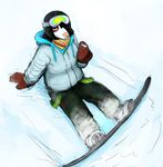  anthro black_hair canine clothing coat dog drugs eyewear female gloves goggles hair high-angle_view hladilnik mammal marijuana michelle_(hladilnik) pink_eyes pink_nose smile snow snowboard solo stoned 