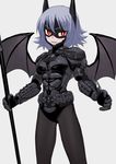  armor bat_wings batman batman_(cosplay) black_legwear blue_hair cosplay face_mask fangs fkey grey_background highres holding holding_weapon looking_at_viewer mask parted_lips polearm red_eyes remilia_scarlet simple_background smile solo spear standing touhou weapon wings 