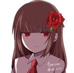  brown_hair commentary_request dress_shirt flower ib ib_(ib) long_hair necktie red_eyes red_flower red_rose rose shirone_(shiromame-0111) shirt smile solo 