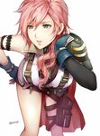  bent_over breasts cape commentary_request final_fantasy final_fantasy_xiii fingerless_gloves gloves green_eyes large_breasts lightning_farron lips long_hair miniskirt pink_hair simple_background skirt solo tama_(tmfy5) thigh_strap 