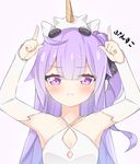  :t arms_up azur_lane bangs black_ribbon blush closed_mouth criss-cross_halter detached_sleeves dress eyebrows_visible_through_hair hair_bun hair_ribbon halterneck horns_pose long_hair long_sleeves looking_at_viewer on_head one_side_up pout purple_background purple_eyes purple_hair rateratte ribbon side_bun simple_background sleeveless sleeveless_dress sleeves_past_wrists solo stuffed_alicorn stuffed_animal stuffed_toy translation_request unicorn_(azur_lane) very_long_hair wavy_mouth white_dress 