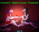  &lt;3 anthro azaly blush braided_hair collar digital_media_(artwork) duo fur green_fur hair happy hi_res long_hair long_tail male male/male omez purple_hair sergal simple_background smile text thorsten vilous_universe white_fur 