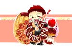  =_= abs bare_chest belt_buckle boots brown_hair buckle cake charlotte_katakuri chest chibi closed_eyes commentary_request cowboy_boots daifuku_(tales-vr2314-i48) doughnut eating food fruit full_body gloves happy heart highres male_focus one_piece open_clothes open_vest pants scarf sharp_teeth short_hair solo spikes spoilers spurs stitches strawberry teeth vest 