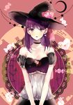  black_hat blush breasts cleavage collarbone earrings eyebrows_visible_through_hair fate/stay_night fate_(series) hair_ribbon hat highres jewelry long_hair looking_at_viewer matou_sakura medium_breasts open_mouth prin_dog purple_eyes purple_hair red_ribbon ribbon solo strapless witch_hat 