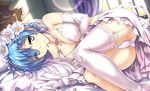  ass bare_shoulders blue_eyes blue_hair breasts cleavage commentary_request curtains dress elbow_gloves flower garter_straps gloves hair_flower hair_ornament hair_over_one_eye highres indoors jewelry lens_flare light_particles looking_at_viewer lying medium_breasts necklace nemo_(piisukun) on_bed on_side panties pantyshot pantyshot_(lying) pearl_necklace re:zero_kara_hajimeru_isekai_seikatsu rem_(re:zero) short_hair single_thighhigh smile solo thighhighs underwear wedding_dress white_flower white_gloves white_legwear white_panties window x_hair_ornament 