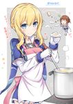  2girls apron azur_lane bangs blonde_hair blue_capelet blue_eyes blue_skirt blush bow braid bread brown_hair capelet chibi closed_mouth commentary_request cooking eyebrows_visible_through_hair food french_braid fried_egg gloves grey_background hair_between_eyes highres holding holding_saucer ladle loaf_of_bread long_hair long_sleeves looking_at_viewer multiple_girls navel pink_bow plate pleated_skirt renown_(azur_lane) repulse_(azur_lane) saucer sausage shirt short_hair sidelocks skirt smile sunny_side_up_egg takeg05 thighhighs translation_request triangle_mouth twitter_username two-tone_background walking white_apron white_background white_gloves white_shirt zettai_ryouiki 