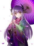  blush eyebrows_visible_through_hair fate/grand_order fate_(series) floating_hair hair_between_eyes hair_ornament highres holding holding_umbrella horns japanese_clothes kimono kiyohime_(fate/grand_order) long_hair looking_at_viewer mebiri obi purple_umbrella sash silver_hair simple_background smile solo standing umbrella very_long_hair white_background yellow_eyes yukata 