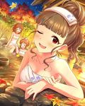  abe_nana araki_hina autumn_leaves brown_hair bucket closed_eyes eyebrows hair_ribbon idolmaster idolmaster_cinderella_girls kamiya_nao multiple_girls naked_towel official_art one_eye_closed onsen red_eyes ribbon towel towel_on_head tree wooden_bucket 