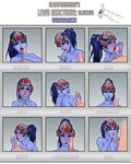  1boy 1girl artist_name blue_hair blue_skin blush cum cum_on_tongue facial fellatio head_mounted_display lips open_mouth overwatch parted_lips penis ponytail tongue_out uncensored widowmaker_(overwatch) yellow_eyes 