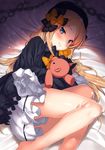  abigail_williams_(fate/grand_order) bangs black_bow black_hat blonde_hair blue_eyes blush bow eyes_visible_through_hair fate/grand_order fate_(series) hair_bow hat highres kawai light_smile long_hair looking_at_viewer lying on_side orange_bow parted_bangs sleeves_past_wrists solo stuffed_animal stuffed_toy teddy_bear 
