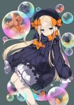  abigail_williams_(fate/grand_order) bangs black_bow black_dress black_hat blonde_hair bloomers blue_eyes blush bow bubble bug butterfly closed_mouth commentary_request dress fate/grand_order fate_(series) hair_bow hat insect iridescent light_smile long_hair long_sleeves looking_at_viewer mayuzaki_yuu orange_bow parted_bangs polka_dot polka_dot_bow sleeves_past_wrists solo stuffed_animal stuffed_toy teddy_bear underwear very_long_hair white_bloomers 