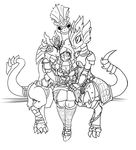  2017 anthro armor big_breasts black_and_white blush braided_hair breasts claws cleavage clothed clothing disguise divinity:_original_sin_2 eyes_closed female female/female forked_tongue grin group hair human lizard loincloth mammal monochrome nervous pigtails reptile scalie simple_background smile sweat sweatdrop thebirdiebin toe_claws tongue tongue_out 