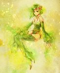  breasts bridal_gauntlets cleavage commentary_request detached_sleeves dress final_fantasy final_fantasy_iv green_eyes green_footwear green_hair green_legwear green_leotard hair_ornament leotard medium_breasts older rydia short_hair solo takanamushi texture 