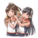  black_hair brown_eyes brown_hair eating food food_on_face headgear i-400_(kantai_collection) i-401_(kantai_collection) kantai_collection karasu_(naoshow357) long_hair multiple_girls one-piece_tan orange_sailor_collar ponytail sailor_collar sailor_shirt school_swimsuit shirt short_hair short_ponytail simple_background sleeveless sleeveless_shirt sweet_potato swimsuit tan tanline upper_body white_background 