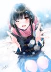  ;d black_hair blurry blush depth_of_field duffel_coat hair_ornament hairclip highres kazuharu_kina long_hair looking_at_viewer one_eye_closed open_mouth original outstretched_arms outstretched_hand pov red_eyes scarf smile snow solo 