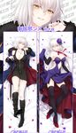  absurdly_long_hair ahoge alternate_hair_length alternate_hairstyle bed_sheet black_dress black_footwear black_legwear boots breasts cleavage collarbone dakimakura dress eyebrows_visible_through_hair fate/grand_order fate_(series) flower from_above full_body hair_between_eyes hair_flower hair_ornament head_tilt high_heel_boots high_heels highres jeanne_d'arc_(alter)_(fate) jeanne_d'arc_(fate)_(all) jewelry knee_boots large_breasts long_hair looking_at_viewer lying menggongfang midriff multiple_views navel navel_cutout neck_ribbon necklace on_back partially_unzipped petals purple_dress purple_flower red_footwear red_ribbon ribbon short_hair silver_hair skirt_hold sleeveless sleeveless_dress smile stomach strapless strapless_dress sword thighhighs very_long_hair weapon wicked_dragon_witch_ver._shinjuku_1999 yellow_eyes 